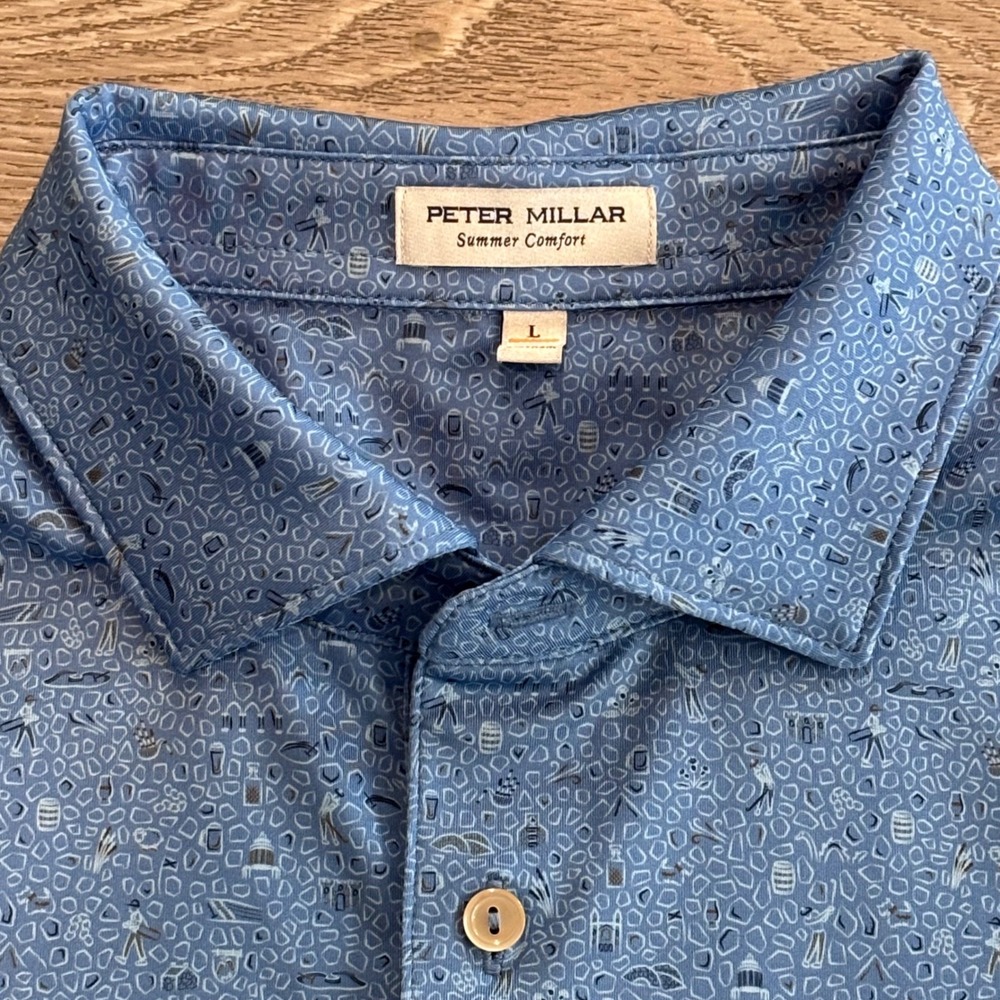Peter Millar Summer Comfort Polo Mens Large Blue Golf Pattern Performance Preppy